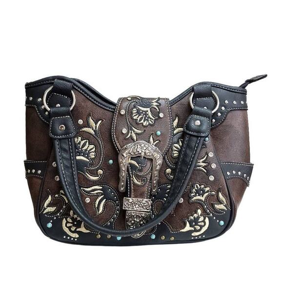 Western Handbag Purse Tote Floral Buckle Bold Silver Blue Turquoise Shoulder Bag - Picture 2 of 11